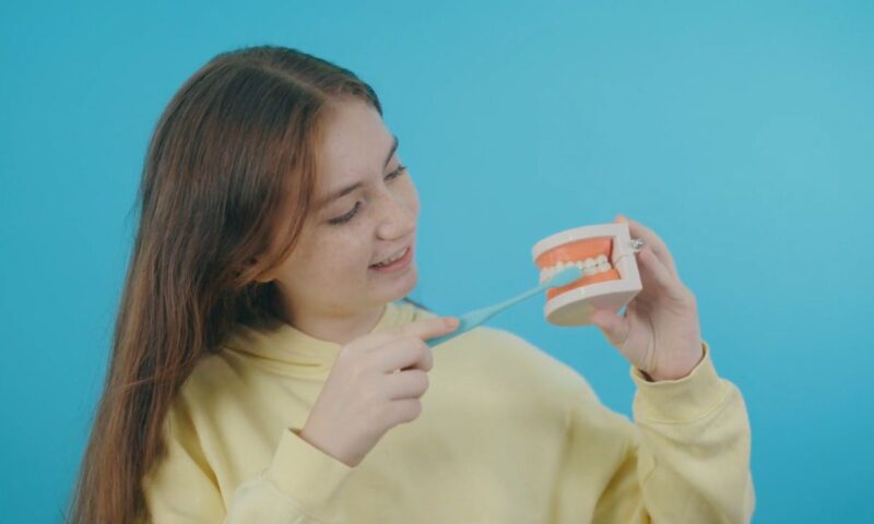 devojka pokazuje na protezi kako se peru zubi pravilno